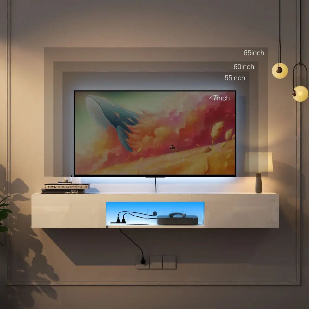 Wall mounted floating TV stand with illuminated accents and modern design