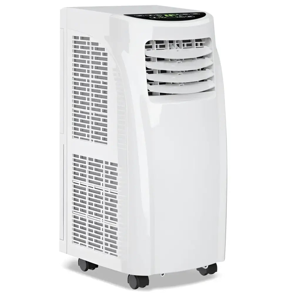 White portable air conditioner and air cooler with 8000 BTU cooling power