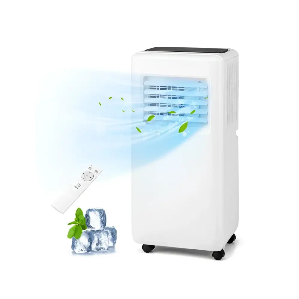 White portable air conditioner with remote control and ice cubes for cooling efficiency