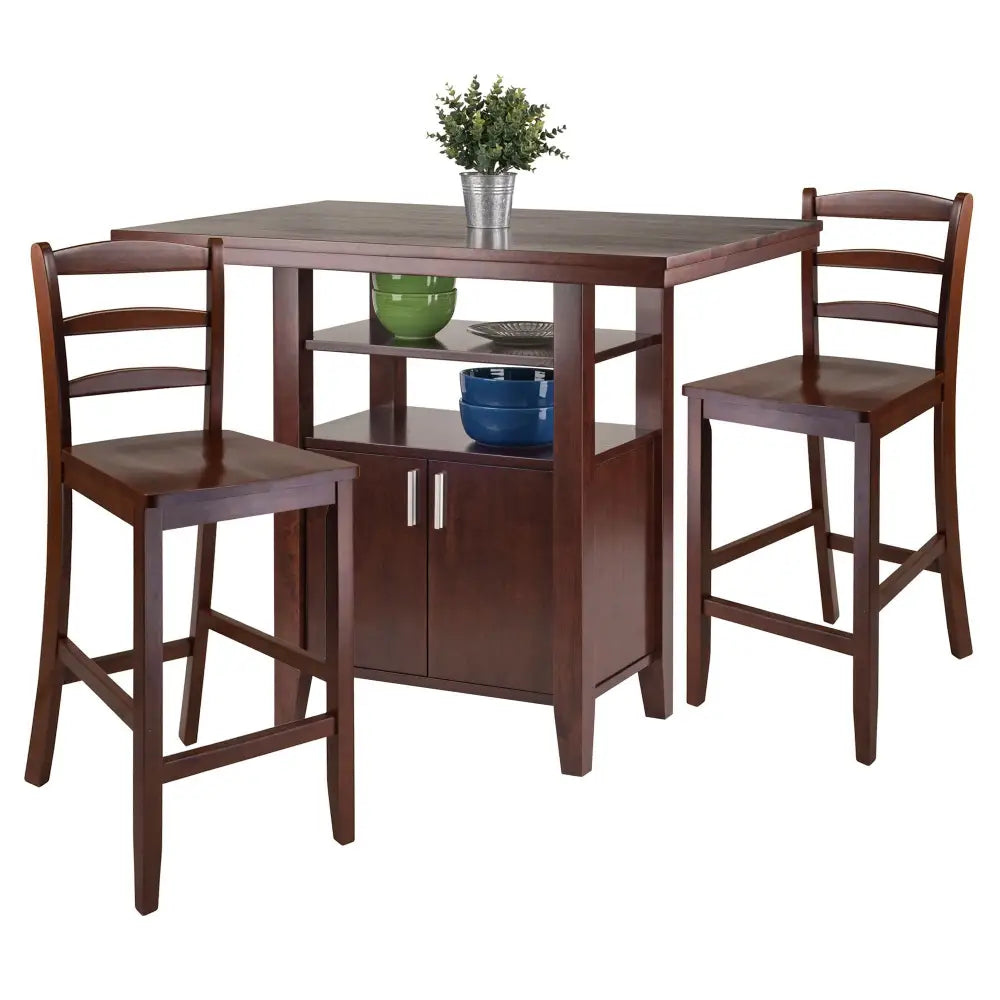 Dark wood Albany Walnut high table with stools and solid wood upper shelf
