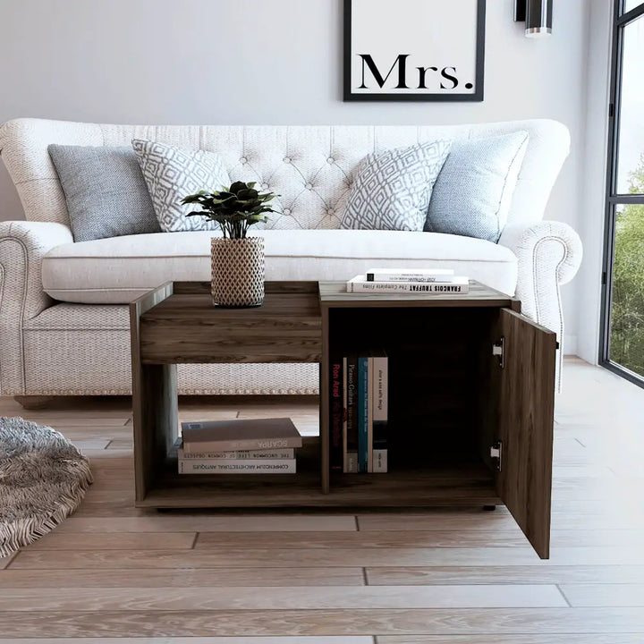 Ambar Coffee Table with Storage showcasing wooden design and 1-year warranty coverage