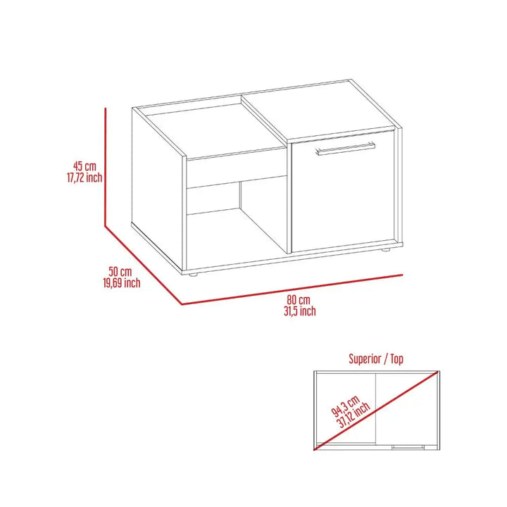 Furniture dimensions diagram for Ambar Coffee Table with Storage and 1-year warranty coverage