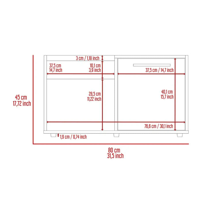 Furniture dimensions diagram for Ambar Coffee Table with Storage and 1-year warranty coverage