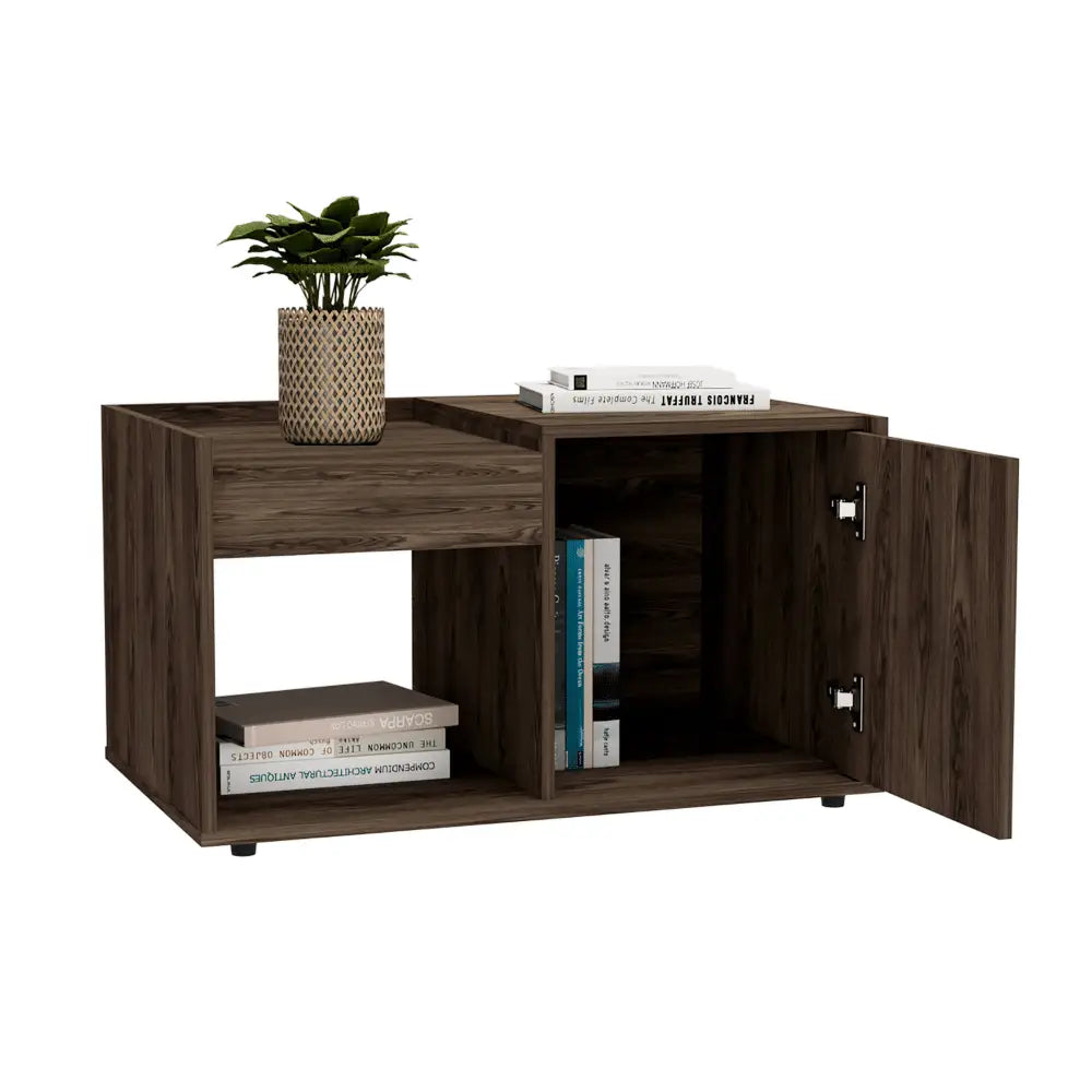 Ambar Coffee Table with Storage showcasing wooden compartments and 1-year warranty coverage