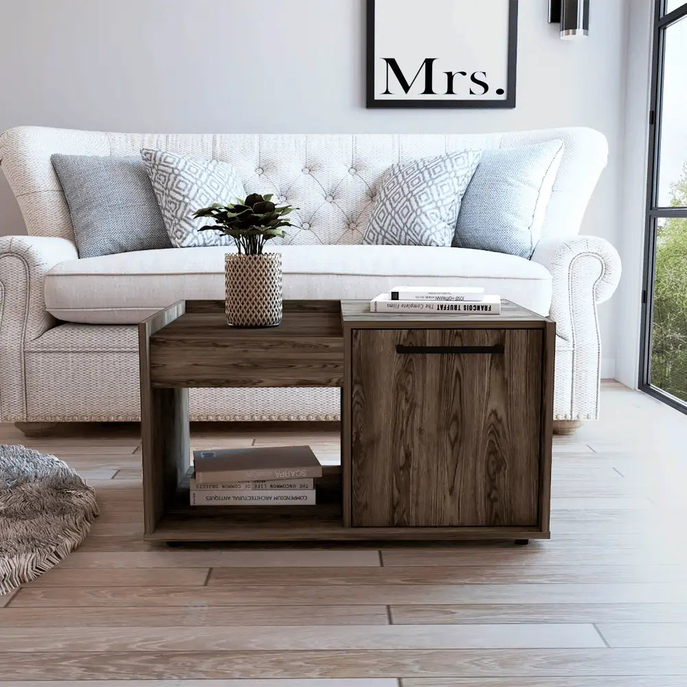 Ambar Coffee Table with Storage showcasing wooden design and 1-year warranty coverage