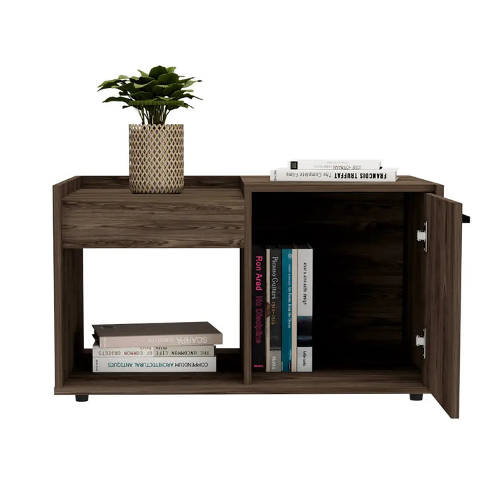 Ambar Coffee Table with Storage showcasing wooden cabinet, plant, and books under 1-year warranty coverage