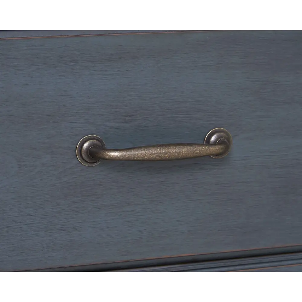 Drawer with bronze pull in Americana King Sleigh Bed featuring corduroy blue finish and package size