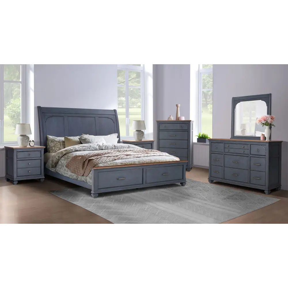 Blue bedroom furniture set with corduroy blue finish in Americana King Sleigh Bed package size