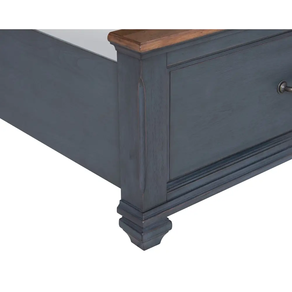 Blue wooden bed frame with corduroy blue finish from Americana King Sleigh Bed package