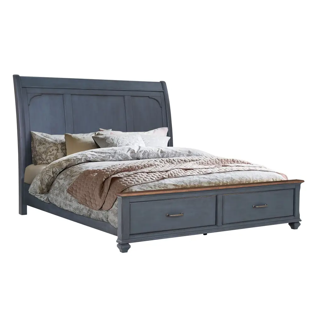 Blue wooden bed frame with storage drawers in corduroy blue finish and package size