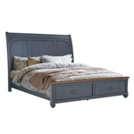 Blue wooden bed frame with storage drawers in corduroy blue finish and package size