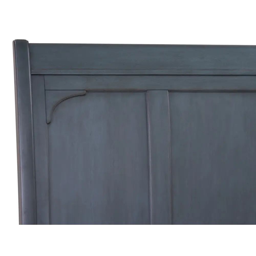 Blue wooden headboard detail with corduroy blue finish on Americana King Sleigh Bed
