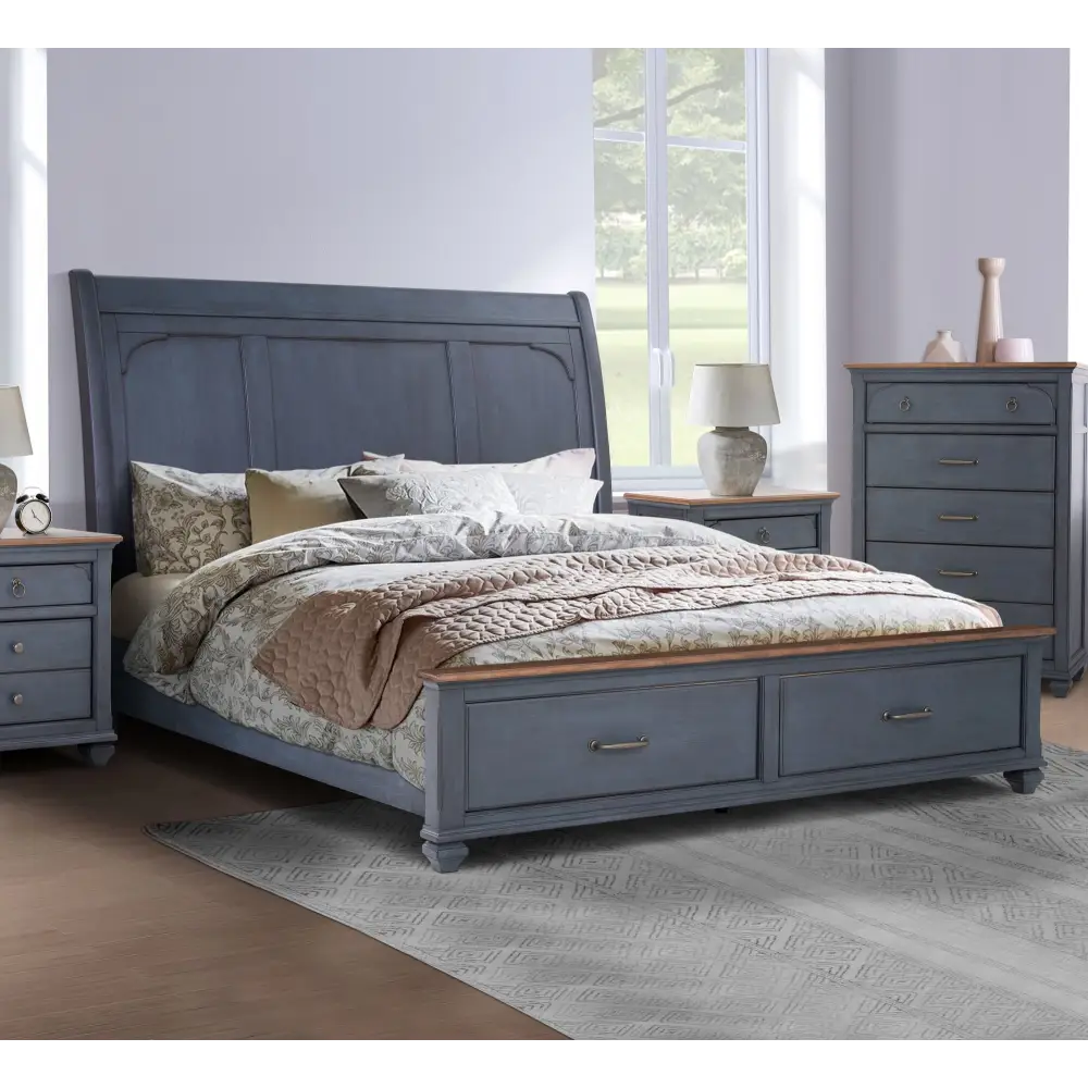 Blue bedroom set with Americana King Sleigh Bed in corduroy blue finish and package size