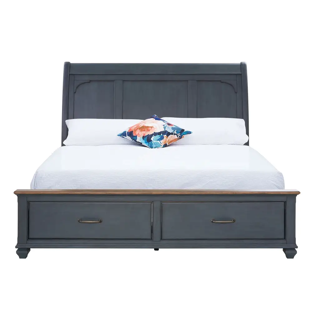 Gray sleigh bed with storage drawers in corduroy blue finish and package size details