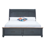 Gray sleigh bed with storage drawers in corduroy blue finish and package size details
