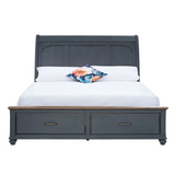Gray sleigh bed with storage drawers in corduroy blue finish and package size details