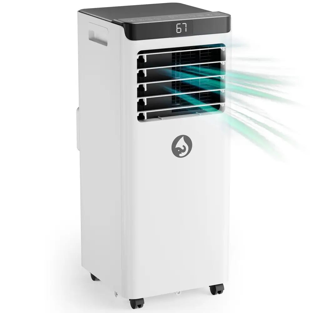 White portable air conditioner with digital display and window kit for efficient cooling