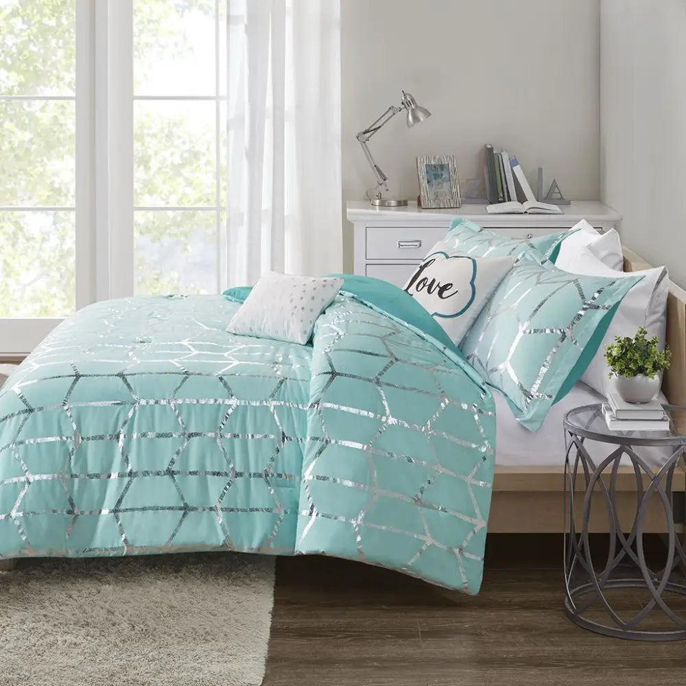 Aqua and silver geometric patterned comforter set with decorative pillows for stylish bedding
