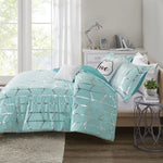 Aqua and silver geometric patterned comforter set with decorative pillows for stylish bedding