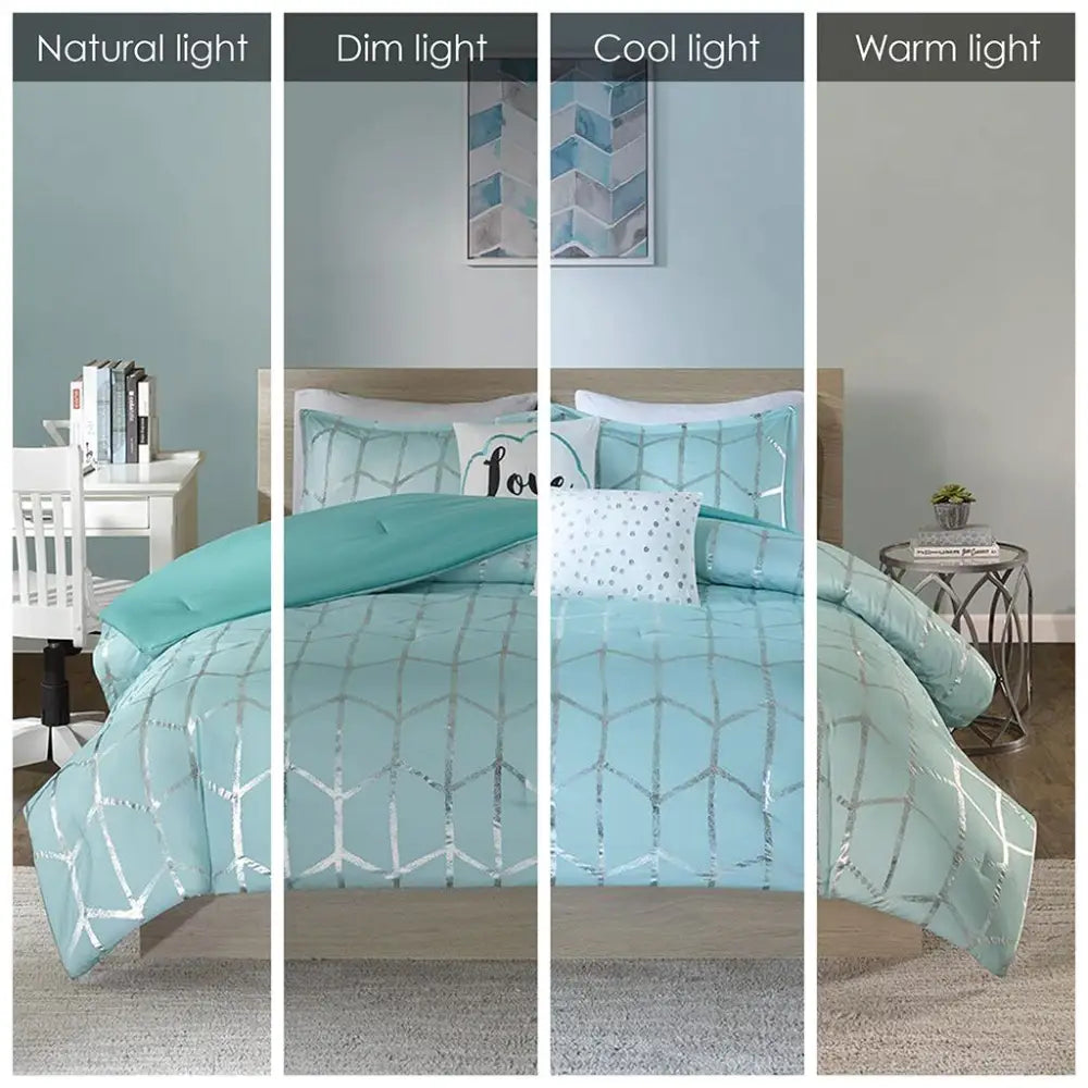 Aqua and silver geometric bedding set with decorative pillows, includes comforter set