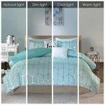 Aqua and silver geometric bedding set with decorative pillows, includes comforter set