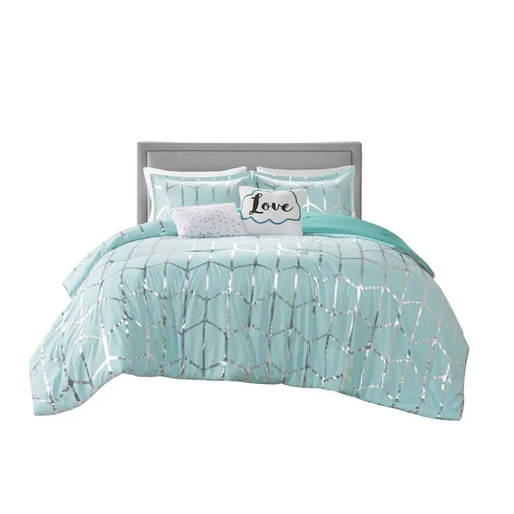 Mint green geometric bedding set with decorative pillows from Aqua Silver Comforter Set