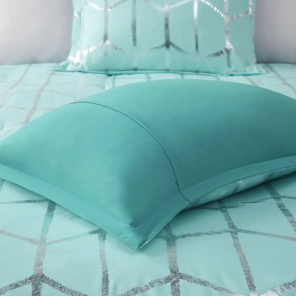 Teal decorative pillow with geometric pattern from Aqua Silver Geometric Twin Comforter Set