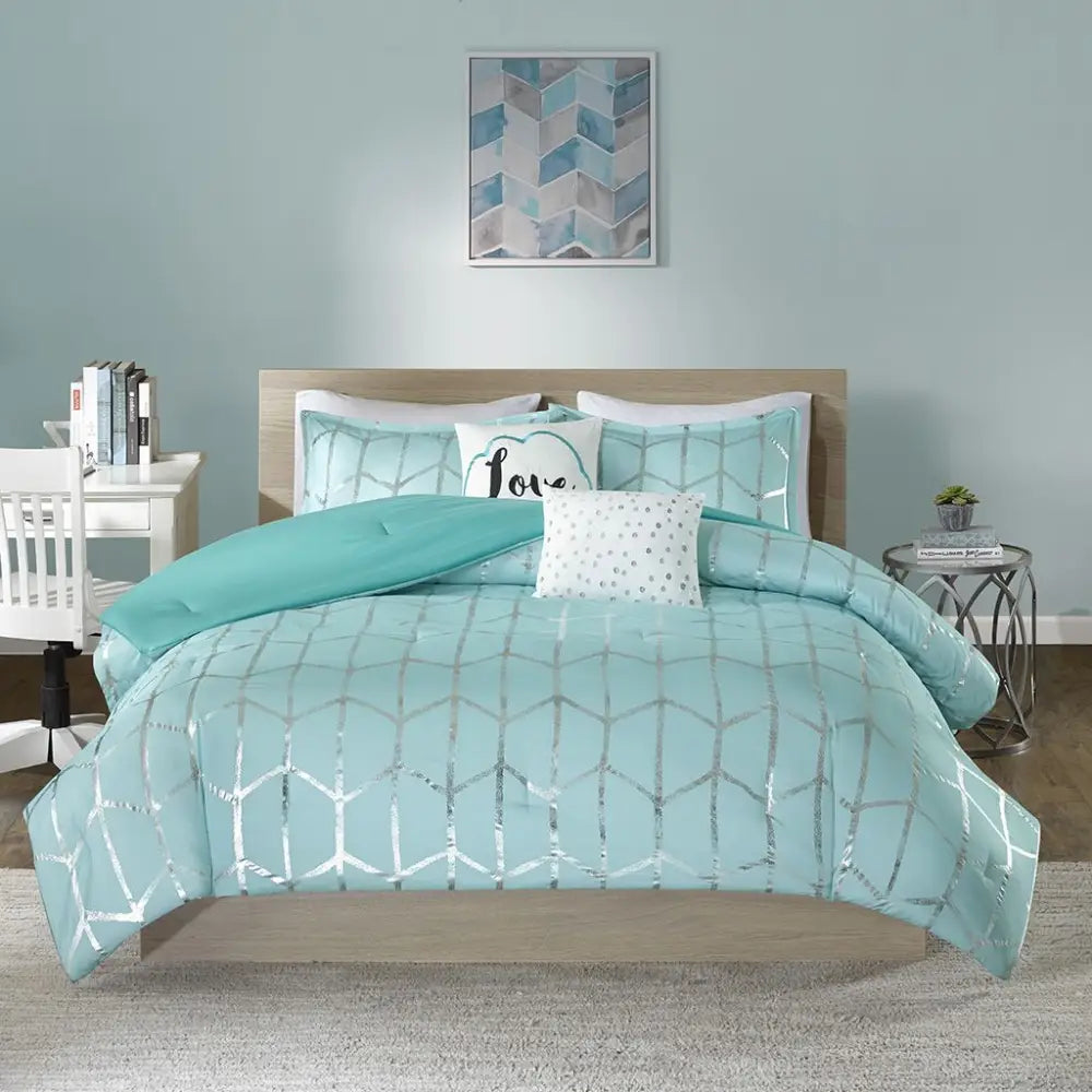 Aqua Silver Geometric Twin Comforter Set with decorative pillows and included comforter