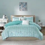 Aqua Silver Geometric Twin Comforter Set with decorative pillows and included comforter