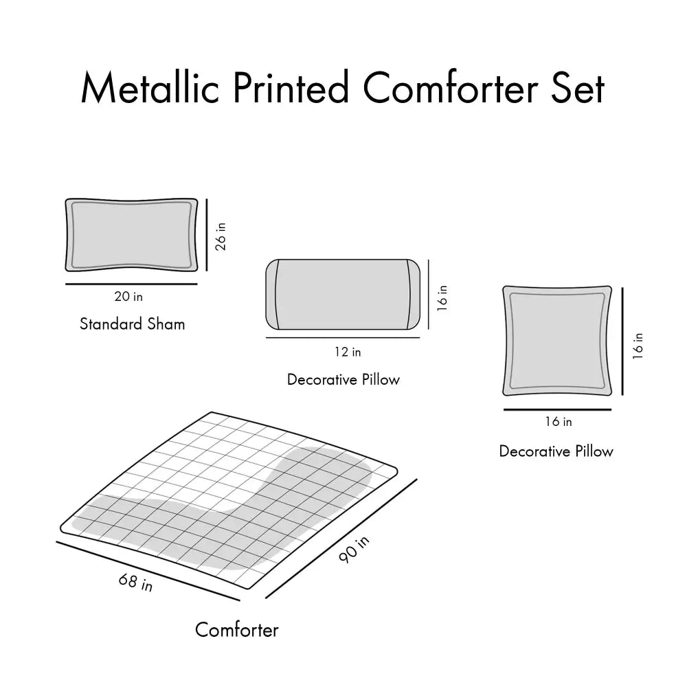 Aqua Silver Geometric Twin Comforter Set with dimensions and decorative pillows included