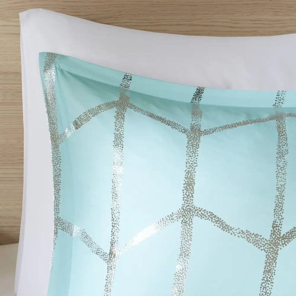 Aqua Silver Geometric Twin Comforter Set with decorative pillows and matching comforter
