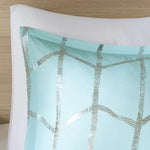 Aqua Silver Geometric Twin Comforter Set with decorative pillows and matching comforter