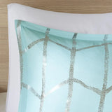 Aqua Silver Geometric Twin Comforter Set with decorative pillows and matching comforter