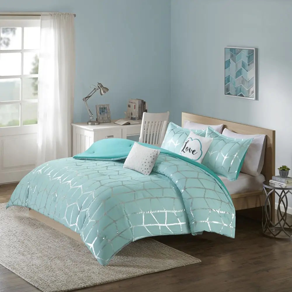 Aqua and silver geometric patterned bedding set with comforter and decorative pillows
