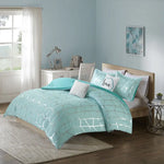 Aqua and silver geometric patterned bedding set with comforter and decorative pillows