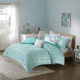 Aqua and silver geometric patterned bedding set with comforter and decorative pillows