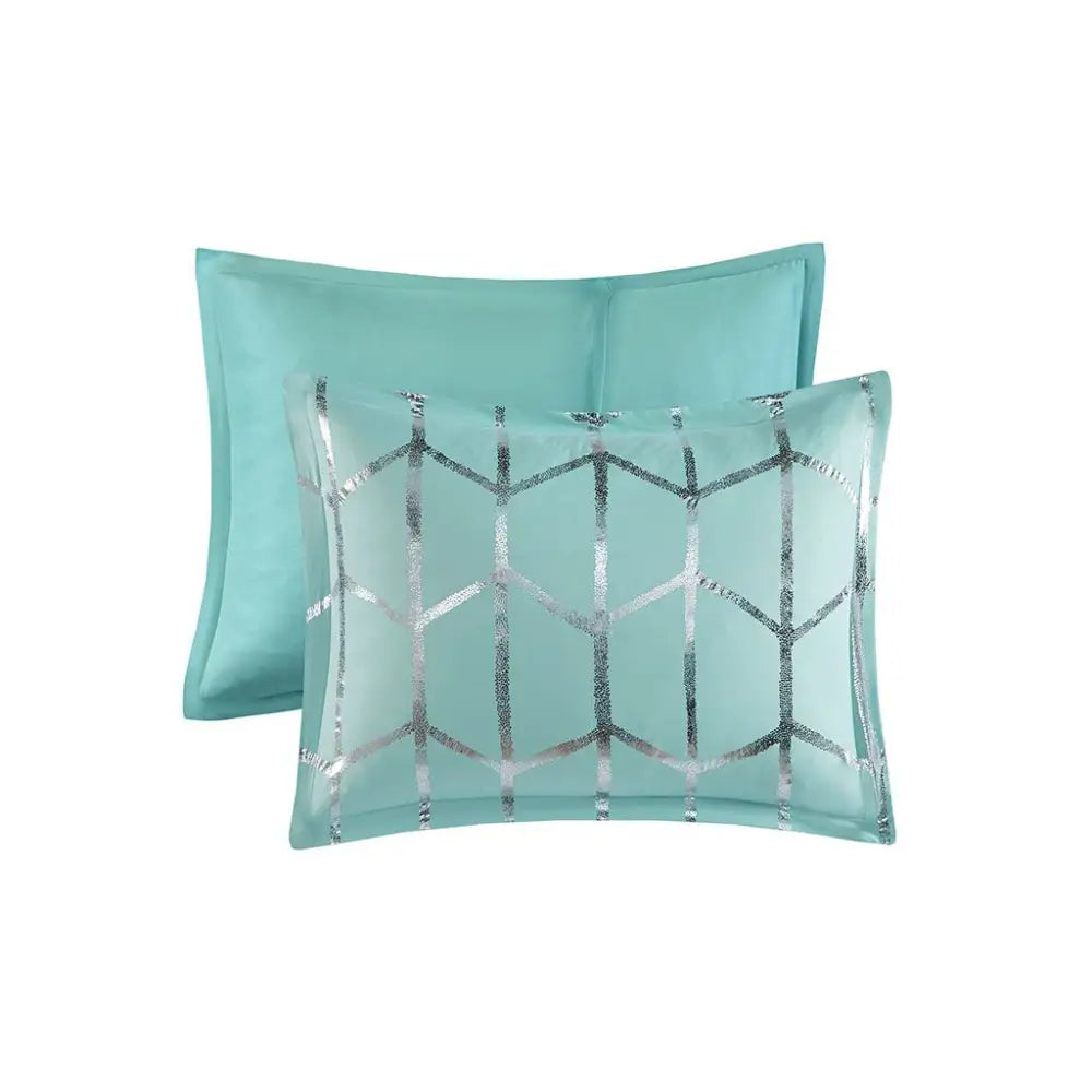 Turquoise decorative pillows included in the Aqua Silver Geometric Twin Comforter Set