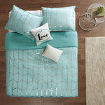 Aqua and silver geometric bedding set with decorative pillows from the comforter set collection