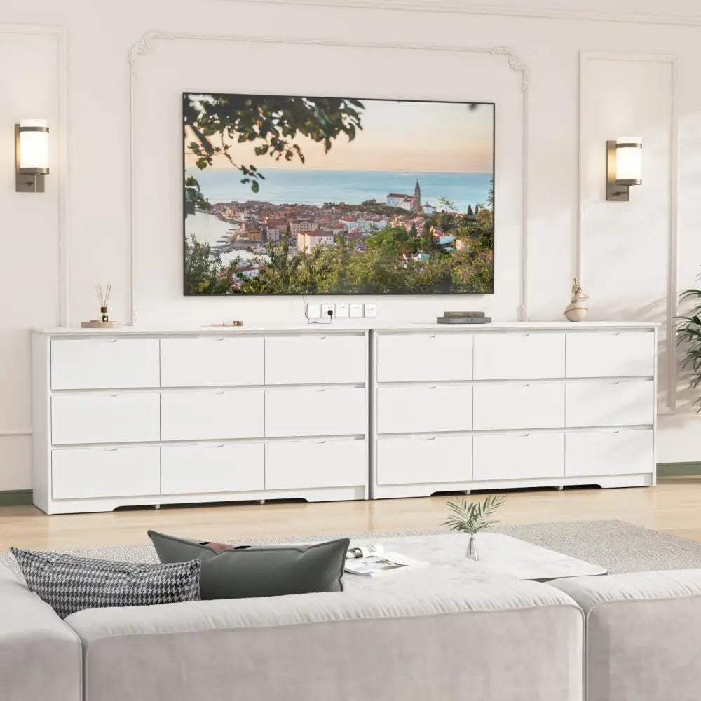 White storage cabinets with anti-toppling device as part of a bedroom dresser setup