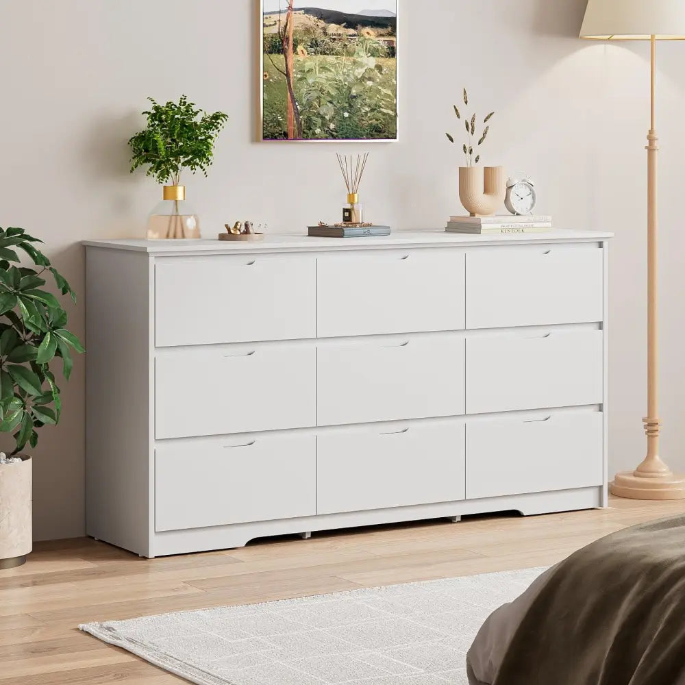 White nine-drawer bedroom dresser with wide top and anti-toppling device for safety