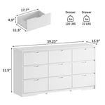 White bedroom dresser with nine drawers, wide top, and anti-toppling device for safety