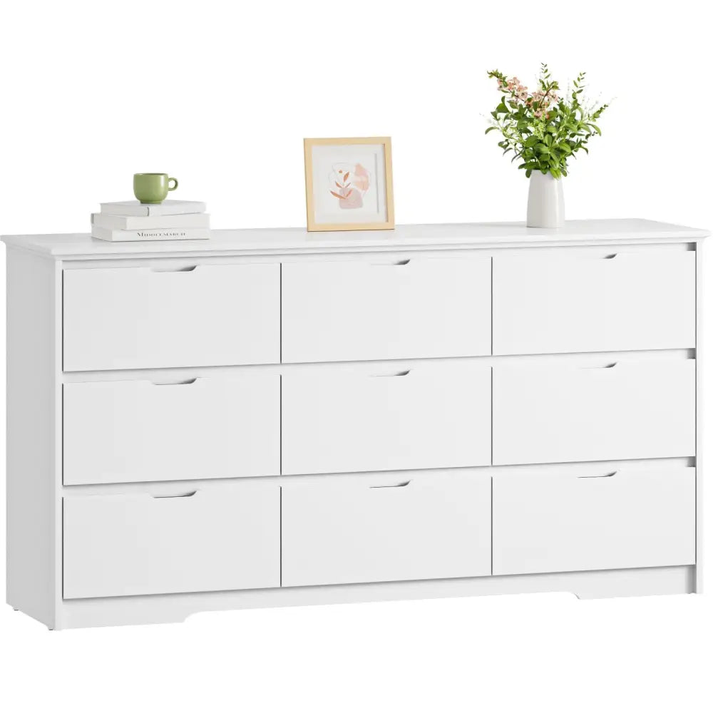 White nine-drawer bedroom dresser with wide top and anti-toppling device for safety
