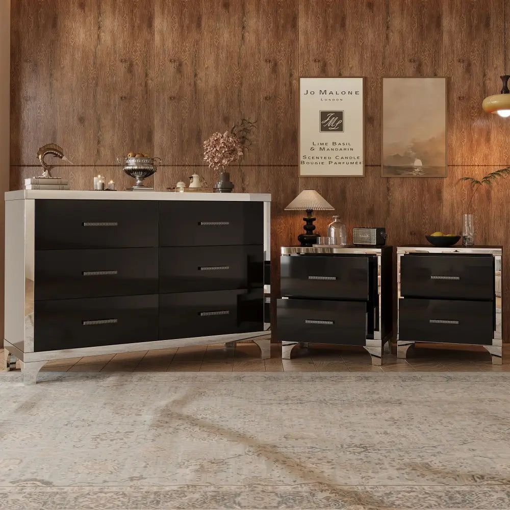 Black and silver bedroom furniture set with metal handles and spacious drawers showcasing clean lines