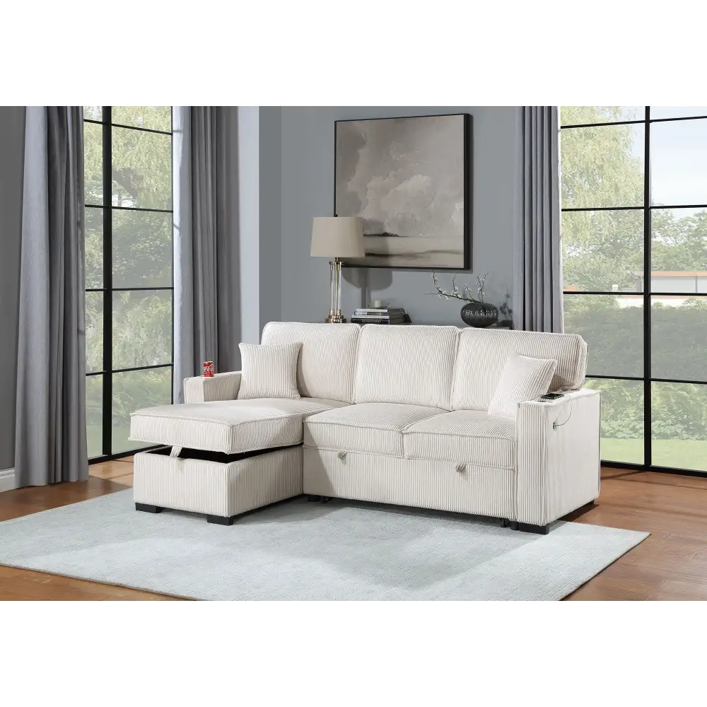 Beige Corduroy Sectional Sofa with Reversible Chaise and Sofa with Pull-Out Bed