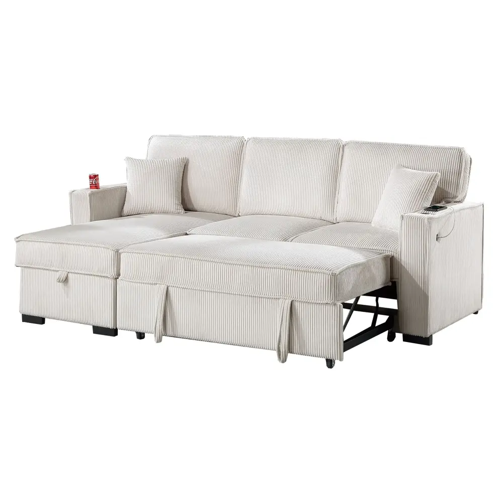 Beige Corduroy Sectional Sofa with Reversible Chaise, sofa w pull-out bed, chaise w storage