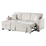 Beige Corduroy Sectional Sofa with Reversible Chaise, sofa w pull-out bed, chaise w storage