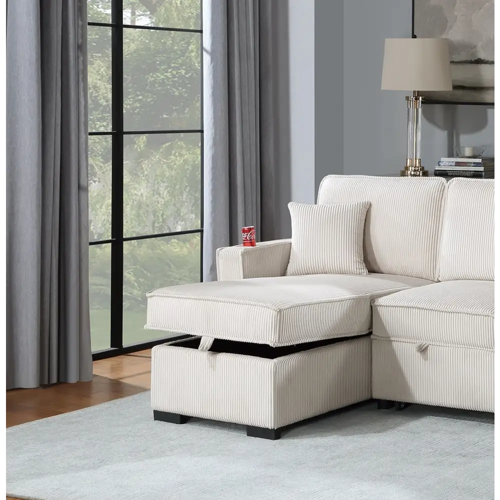 Beige corduroy sectional sofa with reversible chaise and storage chaise w pull out bed