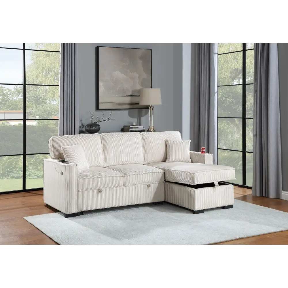 Beige corduroy sectional sofa with reversible chaise and storage, sofa with pull-out bed