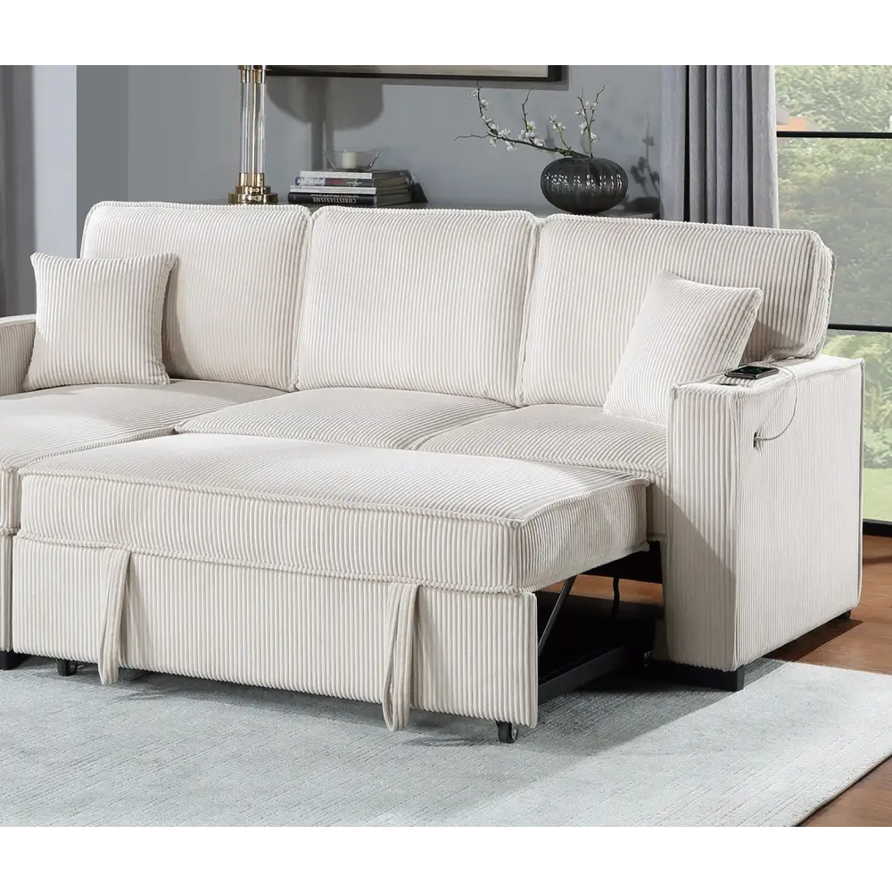 Beige Corduroy Sectional Sofa with Reversible Chaise W Storage and Pull-Out Bed