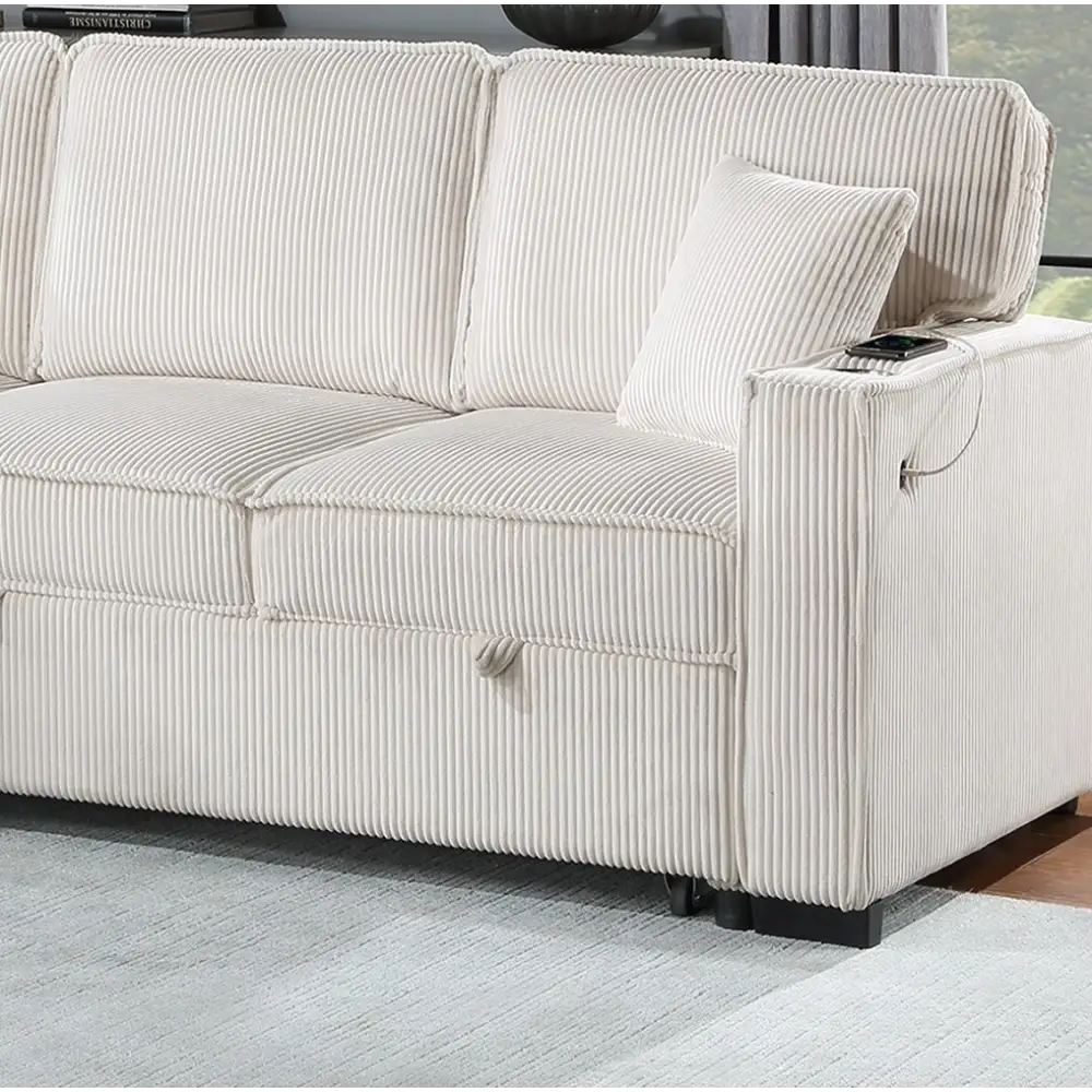 Beige Corduroy Sectional Sofa with Reversible Chaise W Storage and USB Port
